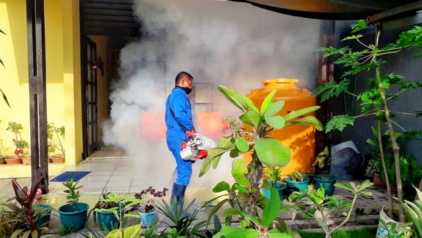 Petugas sedang melakukan Fogging di rumah warga